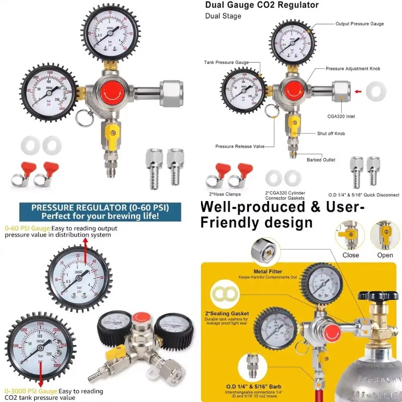 Co2 Regulator Dual Stage - CO2-regelaar voor tapbier, 60 PSI uitgangsdruk,